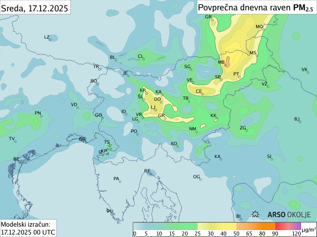 Napoved PM2,5 za danes